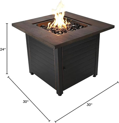 Endless Summer Bronze Finished Black Steel Base with Dark Wood Mantel Spencer LP Gas Outdoor Fire Pit, Comes with Black Fire Glass, Table Insert, and Protective Cover