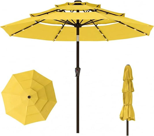 10ft 3-Tier Patio Umbrella with 32 Solar Powered LED Lights, Windproof Outdoor Market Umbrella for Deck, Poolside & Garden, Sturdy Push-Button Tilt Table Umbrella, Yellow
