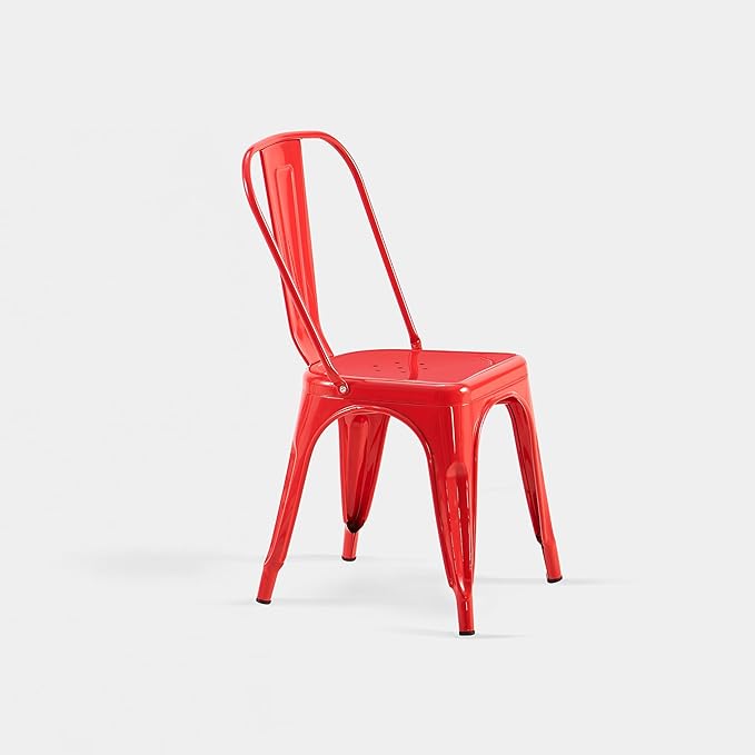 AC Pacific 18 Inch Seat Height Industrial Metal Dining Chairs, Stackable Kitchen or Bar Seat, Durable Modern Design, Versatile Accent Furniture, Set of 4, Red