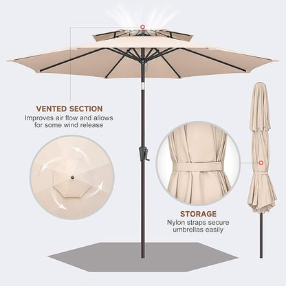 9FT Outdoor Patio Umbrella - 2 Tiers Table Umbrella Waterproof UV Protection, Sombrillas de Patio with Push Button Tilt, Sun Umbrella for Pool, Porch, Garden, Backyard (Beige)