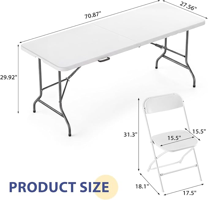 Sweetcrispy 6 FT Folding Picnic Table with 6 White Folding Chairs, Easy to Fold and Store, Foldable Table for Camping Picnic Dining Party Kitchen Outdoor Indoor with Carrying Handle
