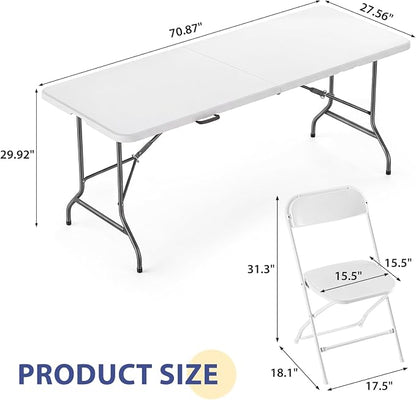 Sweetcrispy 6 FT Folding Picnic Table with 6 White Folding Chairs, Easy to Fold and Store, Foldable Table for Camping Picnic Dining Party Kitchen Outdoor Indoor with Carrying Handle