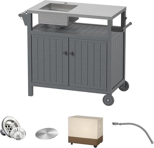 TORVA All in One Outdoor Grill Cart with Sink,Cabinet and Cover, 42 inch Freestanding Modular Kitchen Sink Station in 304 Stainless Steel&HDPE, All Weather Use BBQ Table, Grey