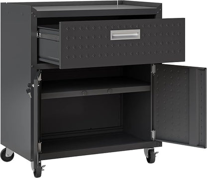 Manhattan Comfort Fortress Rolling Garage Storage Cabinet with Drawer & Adjustable Shelves, Lockable Metal Compartment for Tools, Heavy-Duty Mobile Utility Organizer with Wheels, Charcoal Gray
