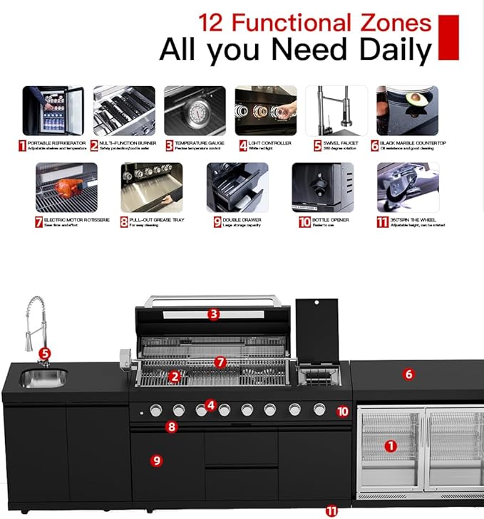 BBQ Outdoor Kitchen Island Grill Barbecue Modular Patio Kitchens Kits with Electric Rotisserie, Sink, fridge, and Burner for More than 15 People