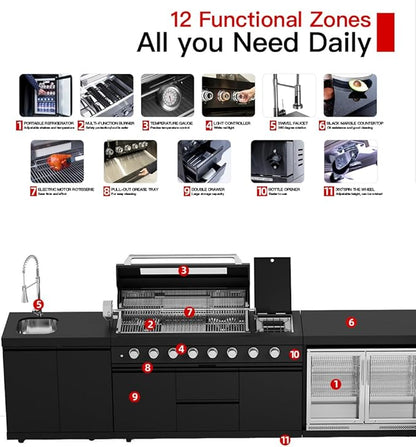 BBQ Outdoor Kitchen Island Grill Barbecue Modular Patio Kitchens Kits with Electric Rotisserie, Sink, fridge, and Burner for More than 15 People