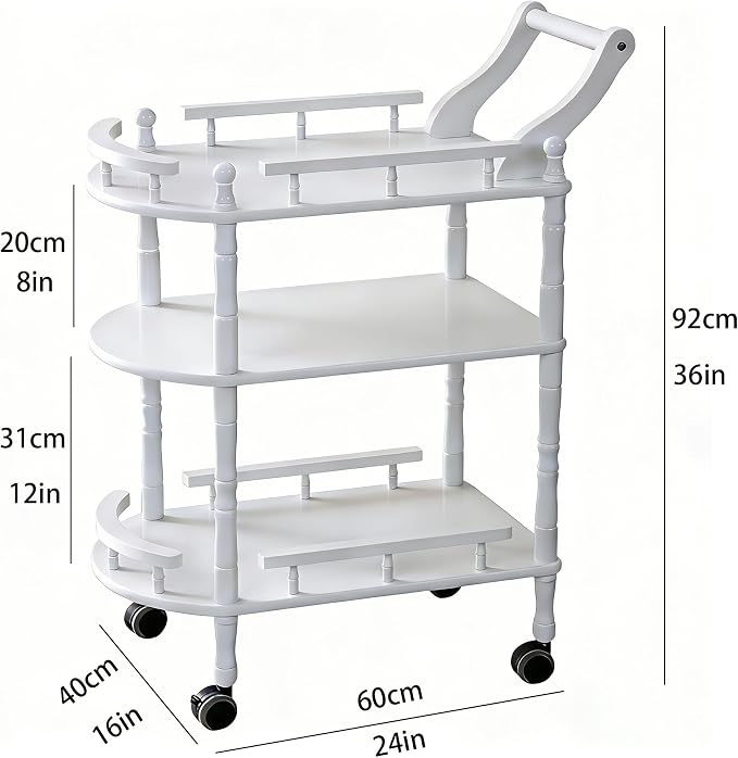 Entertainment Kitchen Cart, Midcentury Modern Imported rubberwood White Finished Wood 3-Tier Mobile Bar Cart Serving Cart