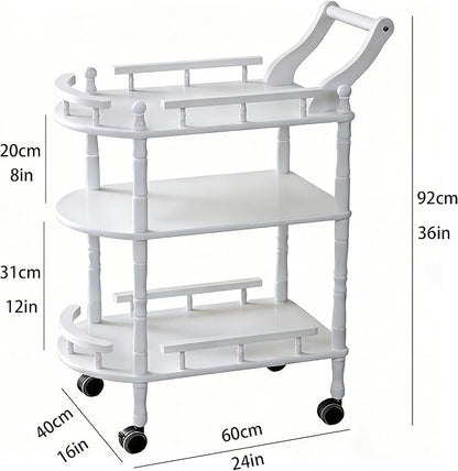 Entertainment Kitchen Cart, Midcentury Modern Imported rubberwood White Finished Wood 3-Tier Mobile Bar Cart Serving Cart