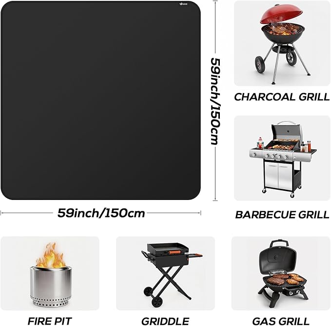 FLASLD Heavy-Duty Under Grill Mat 59inch Square Fire Pit Mat,3 Layers Fireproof Waterproof Grill Pads Protect for Deck,Patio,Outdoor Charcoal,Smokers,Wood Floor,Indoor Black Fireplace Mat Reusable