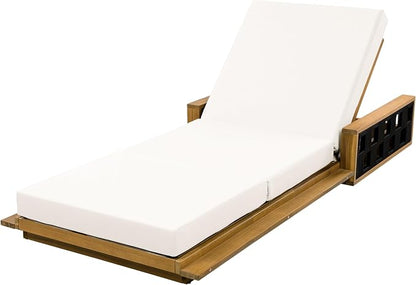 Merax Patio Chaise Lounge Set of 4, Acacia Wood Outdoor Reclining Chairs with 4-Position Adjustable Backrest, 4-Piece Sunbathing Recliner & 4" Thick Triple-fold Cushion for Poolside, Garden, Beige