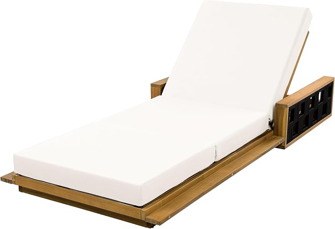 Merax Patio Chaise Lounge Set of 2, Acacia Wood Outdoor Reclining Chairs with 4-Position Adjustable Backrest, 2-Piece Sunbathing Recliner & 4" Thick Triple-fold Cushion for Poolside, Garden, Beige