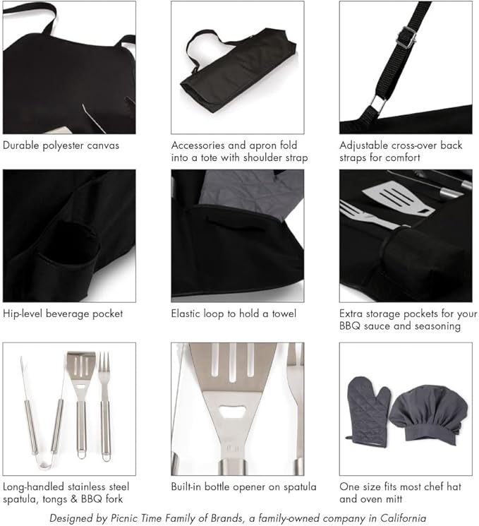 Picnic TIME BBQ Apron Tote Pro Grill Set, (Black with Gray Accents)