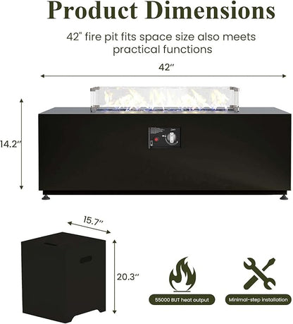 LayinSun 42 Inch Outdoor Fire Pit Table for Outside Patio, 55000BTU Rectangle Propane Firepit with Hidden Fuel Tank, Glass Wind Guard, Waterproof Cover and Lid