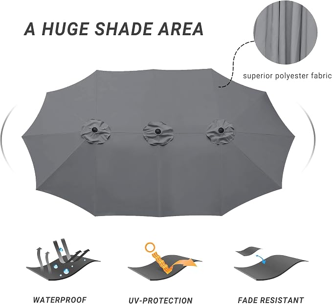 15ft Patio Umbrella with Base, 10-Year-No-Fade Large Outdoor Double-Sided Market Umbrella with UPF50+Terylene Polyester Fabric and Crank for Poolside Garden Deck Backyard Beach Pools