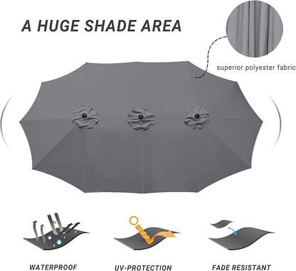 15ft Patio Umbrella with Base, 10-Year-No-Fade Large Outdoor Double-Sided Market Umbrella with UPF50+Terylene Polyester Fabric and Crank for Poolside Garden Deck Backyard Beach Pools