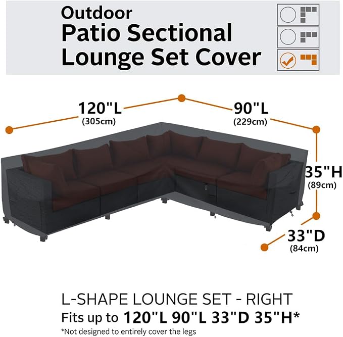 Heavy Duty Outdoor Sectional Sofa Cover, 120"X90" L-Shaped Waterproof 600D Patio Furniture Covers, Lawn Patio Couch Cover (Midnight Black, L-Shaped-Right Facing-120x90)