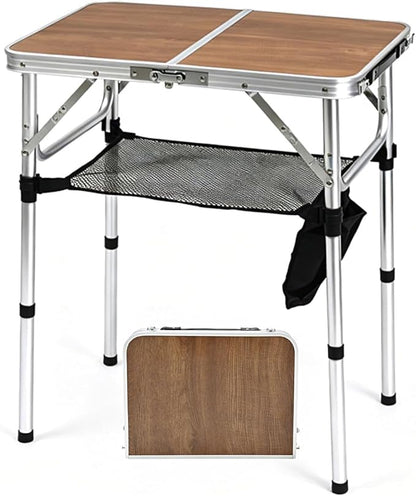 Small Folding Camping Table, 2ft Portable Picnic Table Aluminum 24" x 16" Folding Table, 3 Adjustable Heights Portable Lightweight Table Dining Table for RV, Picnic, Beach (Wood Pattern)