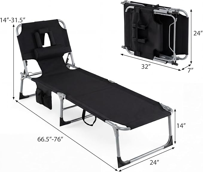 GYMAX Tanning Chair, Folding Lounger with Face/Arm Holes, Carry Handles & Side Pocket, Portable Lightweight Layout Beach Chair for Outdoor/Indoor, Face Down Sun Lounger (1, Black)