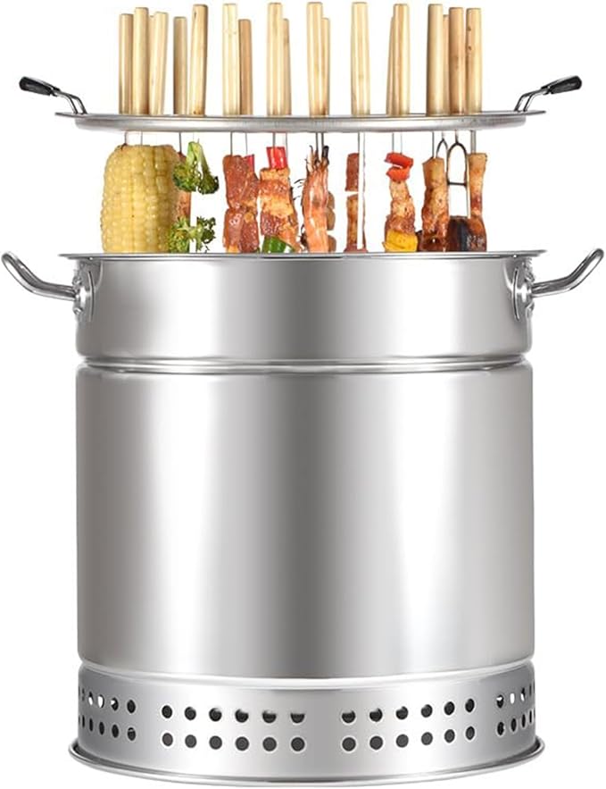 Charcoal Barrel BBQ Grill with Rolling Grilling Basket, Stainless Steel BBQ Grill Mesh Barrel with Kabob Skewers, for Camping and Barbecue(20-Skewer Oven)