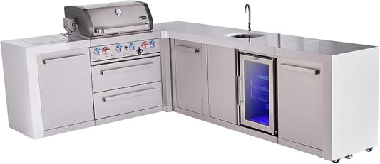 Mont Alpi L-shaped 82"W x 113"D Deluxe Stainless Steel Outdoor Kitchen Island with Refrigerator + Faucet & Sink Combo + 32"W 4-Burner BBQ Gas Grill + Granite Countertops + Storage + Rotisserie + Cover