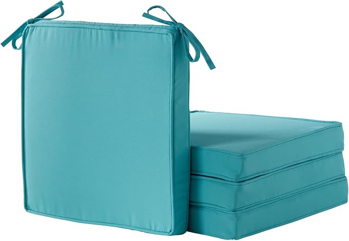 Outdoor 18 inch Square Patio Dining Chair Pads – Comfortable Fiber-Filled Seat Cushions with Ties, Reversible Polyester Fabric - Teal, Set of 4