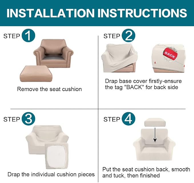 Turquoize 2 Piece Chair Covers for Living Room Armchair Couch Cover with Individual Cushion Covers Furniture Cover for Chairs Feature Jacquard Fabric (Chair, Ivory)