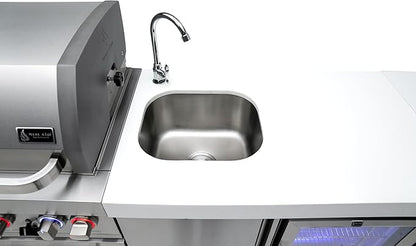 Mont Alpi Premium 120"W x 23"D Stainless Steel Modular Outdoor Kitchen Island + Beverage Center Faucet & Sink & Refrigerator + 32"W 4-Burner BBQ Gas Grill & Side Burner + Storage Cabinets and Drawers