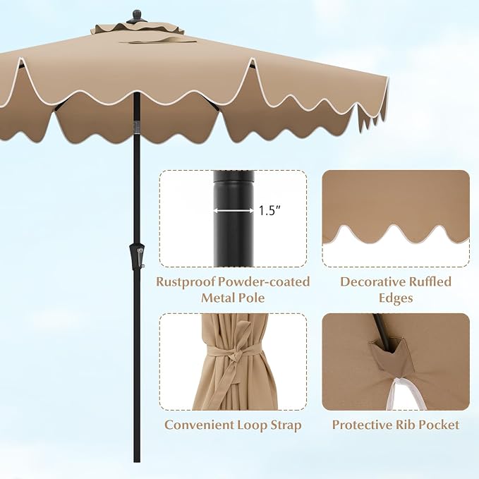 Tangkula 9Ft Patio Umbrella with Crank, 2-Tier Outdoor Umbrella with Push Button Tilt, Sun-Protective Canopy, 8 Ribs, Scalloped Patio Umbrella for Outdoor Beach Deck Pool Table (Coffee)