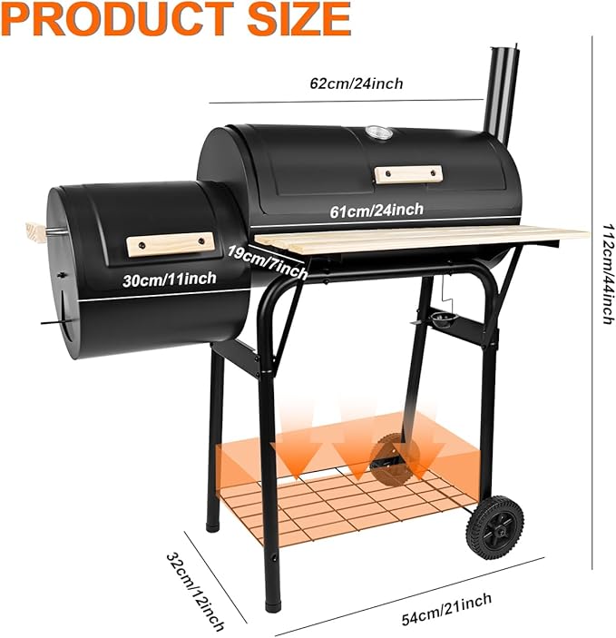 Charcoal Grills with Offset Smoker & Thermometer, Barrel BBQ Grill & Smoker Combo, Spacious Barbecue Grill for Outdoor Backyard Camping Parties