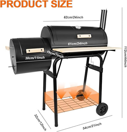 Charcoal Grills with Offset Smoker & Thermometer, Barrel BBQ Grill & Smoker Combo, Spacious Barbecue Grill for Outdoor Backyard Camping Parties