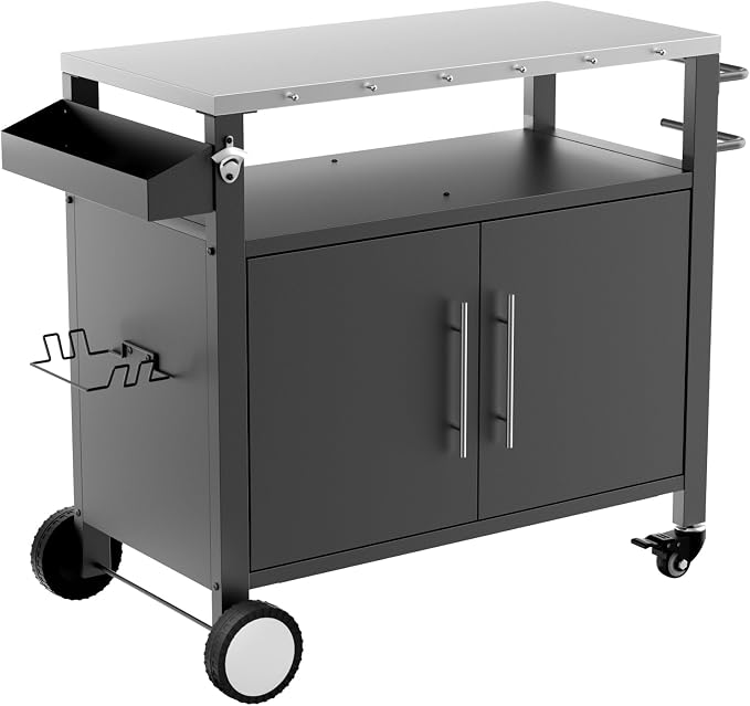 KEIKI Two Doors Outdoor Grill Cart with Patio Furniture, Rolling Bar Cart, Outdoor BBQ Cart with Hooks and Spice Rack for Grilling Accessories