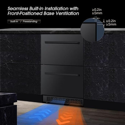 24 inch Double Drawer Drawer Refrigerator Under Counter with Freezer Beverage Refrigerator, Indoor/Outdoor Fridge for Patio, Kitchen & Bar, Weatherproof (Black)