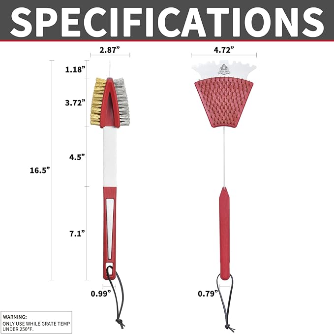 GRILLGEN Dual Sided Grill Brush and Scraper - 16.5" Heavy Duty 117-Hole Planted BBQ Cleaner with Brass & Stainless Steel Bristles - Safe for All Grates: Porcelain, Cast Iron and Steel
