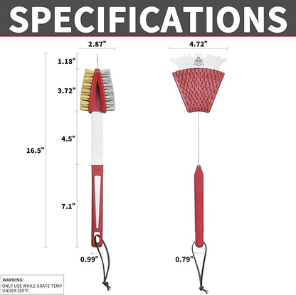 GRILLGEN Dual Sided Grill Brush and Scraper - 16.5" Heavy Duty 117-Hole Planted BBQ Cleaner with Brass & Stainless Steel Bristles - Safe for All Grates: Porcelain, Cast Iron and Steel