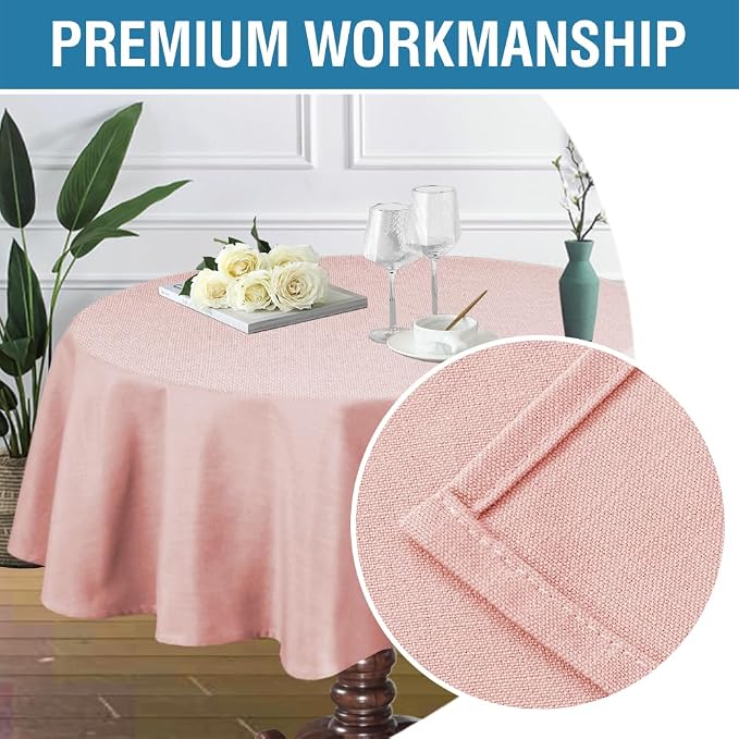 H.VERSAILTEX Linen Textured Table Cloths Round 60 Inch Premium Solid Tablecloth Spill-Proof Waterproof Table Cover for Dining Buffet Feature Extra Soft and Thick Fabric Wrinkle Free, Baby Pink