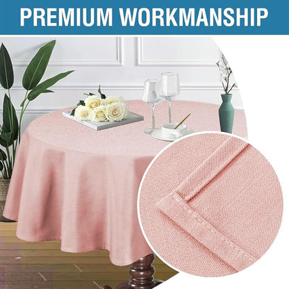 H.VERSAILTEX Linen Textured Table Cloths Round 60 Inch Premium Solid Tablecloth Spill-Proof Waterproof Table Cover for Dining Buffet Feature Extra Soft and Thick Fabric Wrinkle Free, Baby Pink
