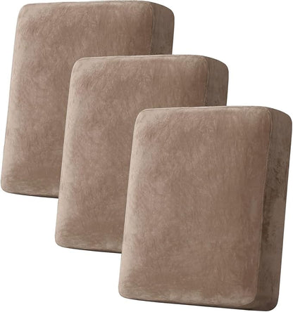 H.VERSAILTEX Velvet Stretch Couch Cushion Cover Plush Cushion Slipcover for Chair Loveseat Sofa Cushion Furniture Protector Seat Cushion Sofa Cover (3 Piece Sofa Cushion Covers, Camel)