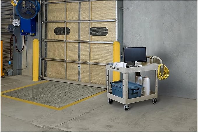 Rubbermaid Commercial Products BRUTE Heavy Duty 2-Shelf Utility/Service Cart, Medium, Lipped Shelves, Ergonomic Handle, 500 lbs. Capacity, Beige, for Warehouse/Garage/Cleaning/Maintenance