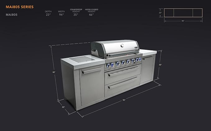 Mont Alpi 94" Modular Outdoor Kitchen Island - 304 Stainless Steel | 115,000 BTU 6-Burner Gas Grill | Side Burner + Griddle + Pizza Kit | 94 Inch