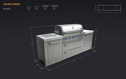 Mont Alpi MAi805 Outdoor Kitchen Island Grill - 44 Inch 6 Burner 115000 BTU Stainless Steel | Infrared Side & Rear Burner | Granite Countertop | Propane