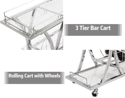 Silver Bar Carts with Glass Holders & Wine Rack, 3 Tier Home Bar Serving Carts with Glass Shelves, Metal Rolling Bar Carts for The Home Kitchen, Party