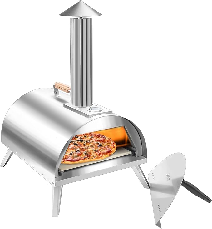 12" Wood Pellets Pizza oven with Thermometer – Portable Wood Fired Pizza stove, Stainless Steel, Quick Heat-Up, 12" Pizza Stone for Camping and Outdoor Cooking, Great Gift for Camping Enthusiasts