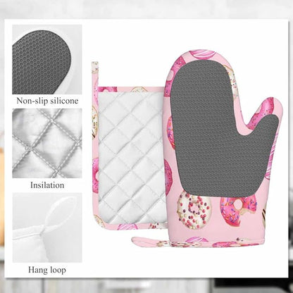 Mxocom Watercolor Donuts Silicone Oven Mitts and Pot Holders Sets Pink Donuts Background BBQ Gloves for Kitchen,Cooking,Baking,Grilling