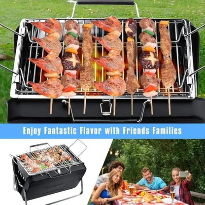 Portable Charcoal BBQ Grill, Briefcase Shape Non-stick Steel Barbecue Grill for Outdoors Camping Picnic and Party Cooking