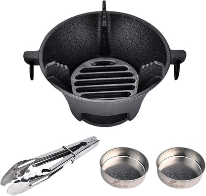 Cast Iron Charcoal Stove Korean BBQ Grill Japanese Style Cooktop Portable Outdoor Cooking Equipment with Clip and Cup Set(19.5cm)