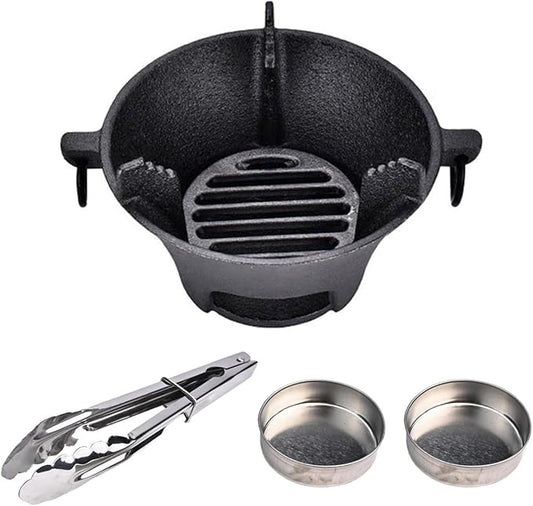 Cast Iron Charcoal Stove Korean BBQ Grill Japanese Style Cooktop Portable Outdoor Cooking Equipment with Clip and Cup Set(19.5cm)