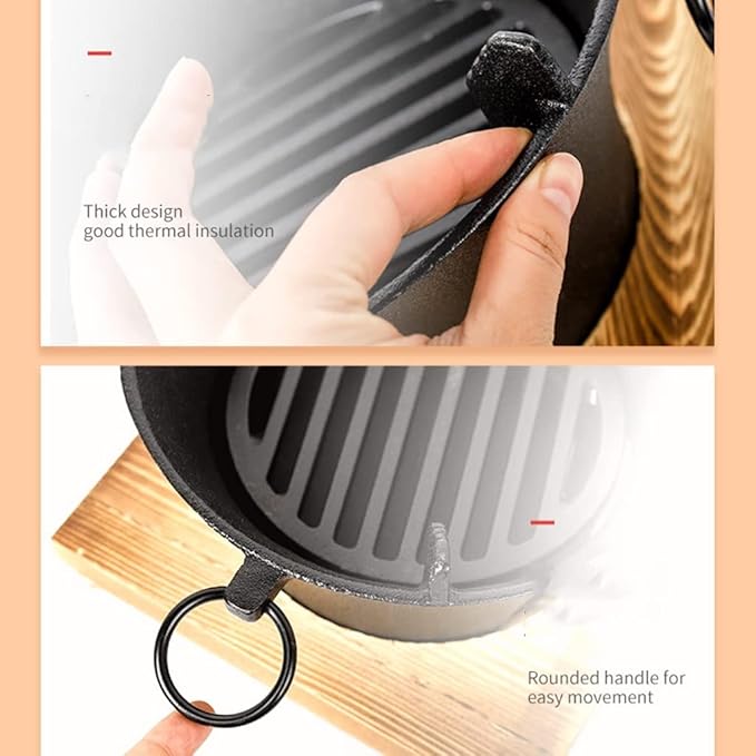 Round Charcoal Table Grill, Japanese Style BBQ Grill, Indoor Mini Barbecue Grill, with Wooden Base for Picnic Garden Balcony Camping (Black 23 * 24cm)