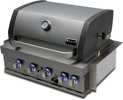 Mont Alpi Premium 32"W x 23"D x 21"H Stainless Steel 4-Burner 63000 BTUs Outdoor Kitchen Kitchen Island Heavy Duty Propane Built-in BBQ Grill Head with Infrared Rear Burner + Rotisserie Kit + Cover