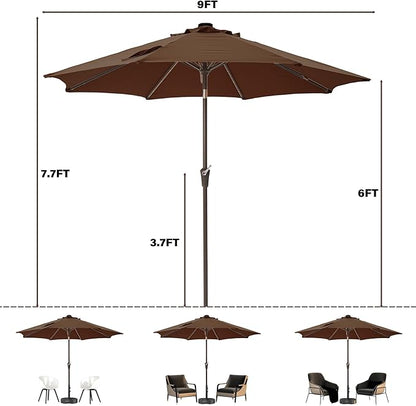9FT Solar-Powered LED Patio Umbrella with Tilt Crank,Outdoor Market Umbrella with 32 Lights,Sunshade for Deck, Garden and Pool