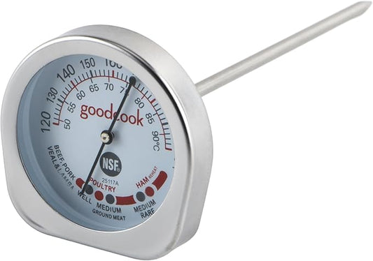 GoodCook Everyday Meat Thermometer with Bi-Directional Dial Shows Temperature and Meat Type Doneness with Stainless Steel Probe, Includes Fahrenheit & Celsius, Silver